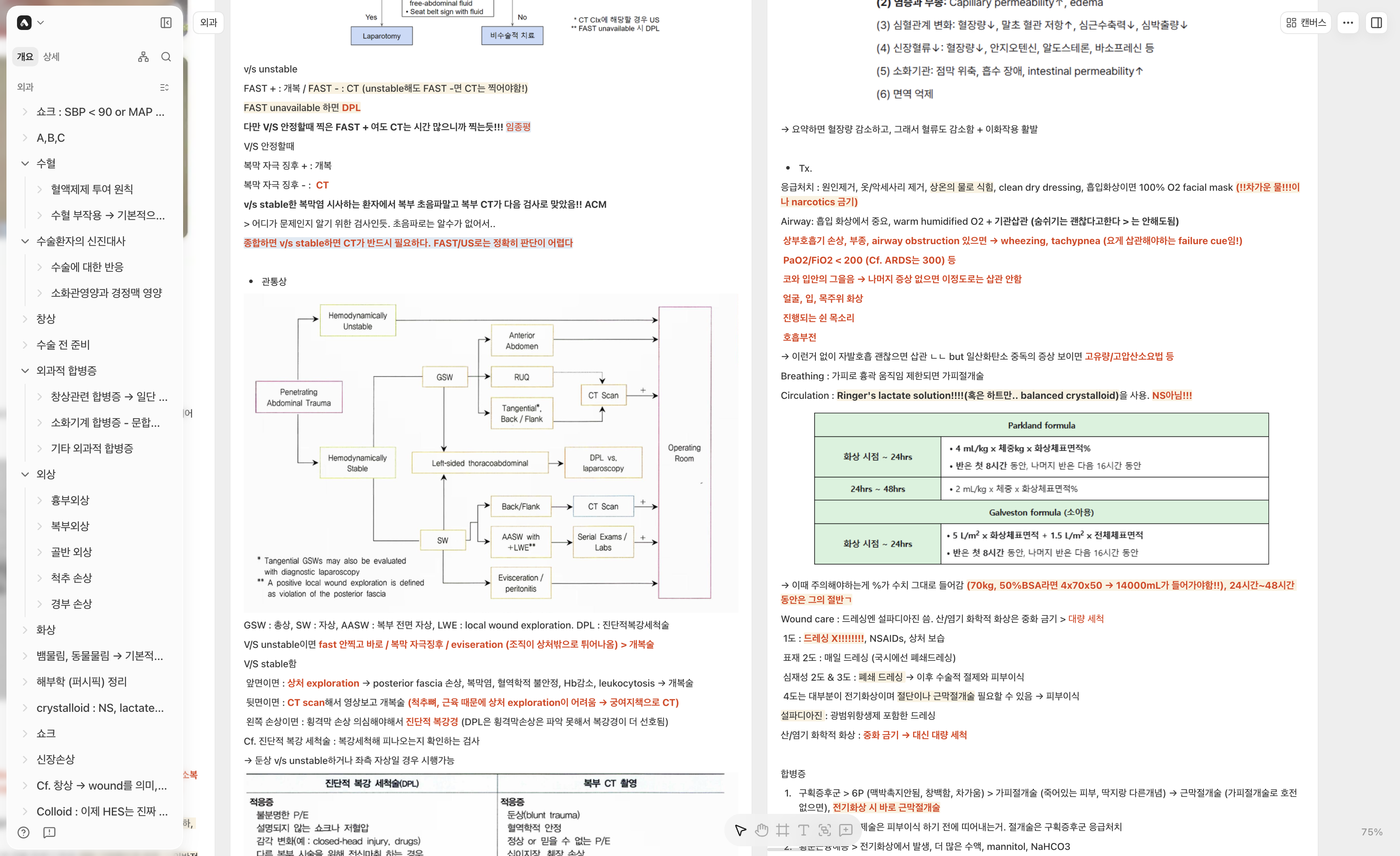 An Arky canvas bringing together trauma and burn concepts, tables, and diagnostic flowcharts from consolidated general surgery notes