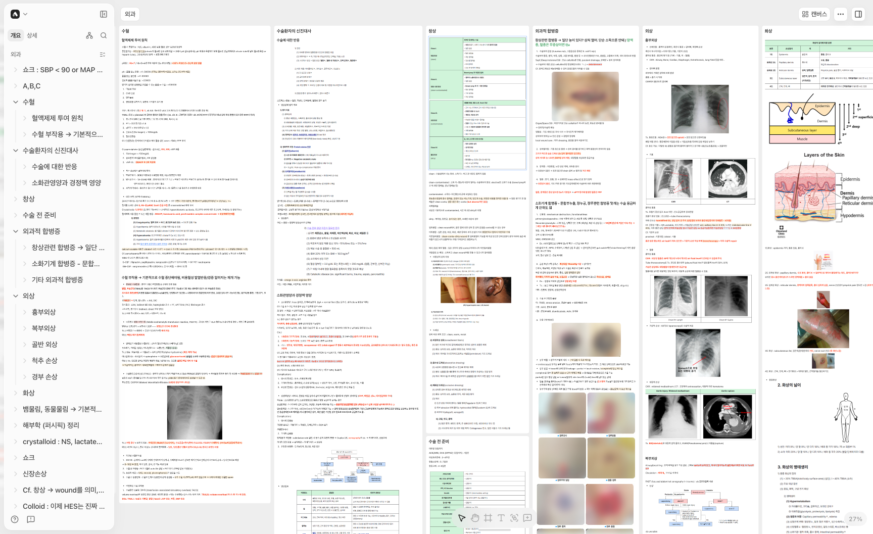 An Arky canvas showing consolidated notes on transfusion, surgical metabolism, wounds, surgical complications, trauma, and burns in a general surgery project
