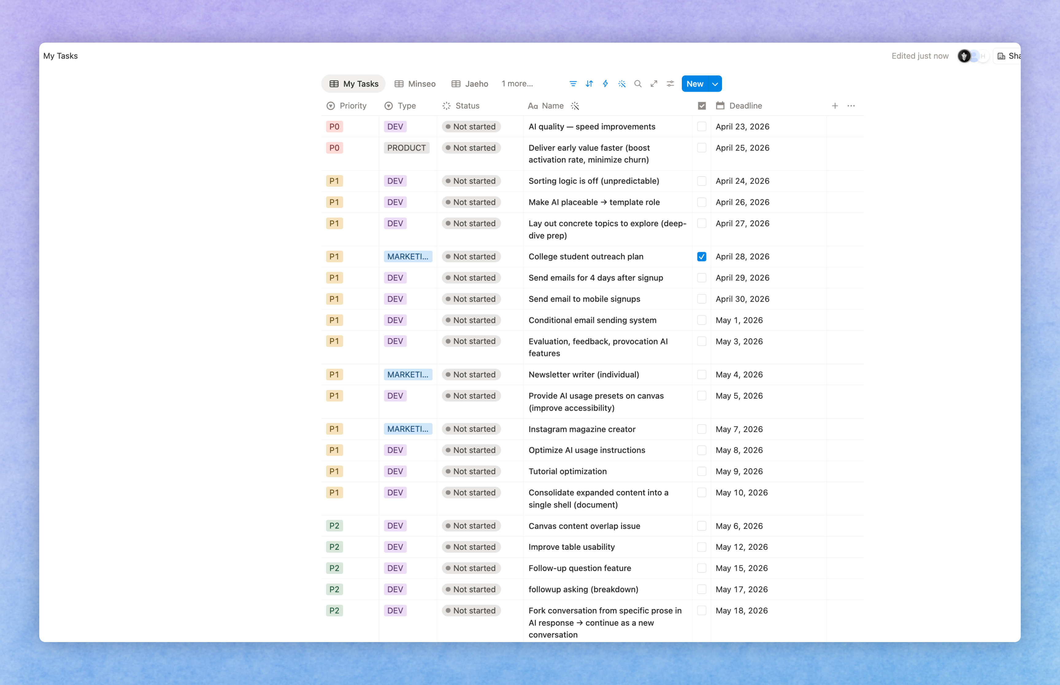 Tasks organized in a Notion database